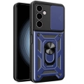 Samsung Galaxy A24 Kılıf Zırhlı Standlı Silikon Sürgülü Kamera Korumalı Tank Kapak - Mavi