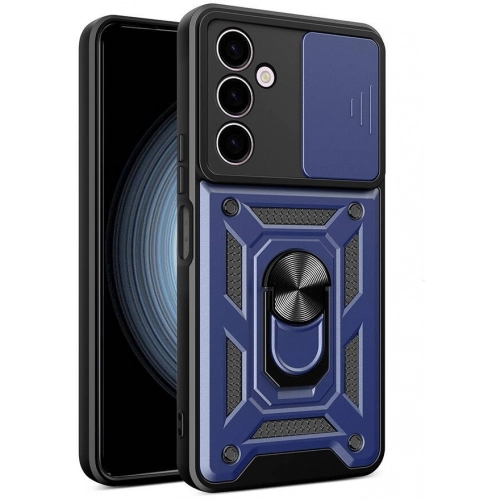 Samsung Galaxy A24 Kılıf Zırhlı Standlı Silikon Sürgülü Kamera Korumalı Tank Kapak - Mavi