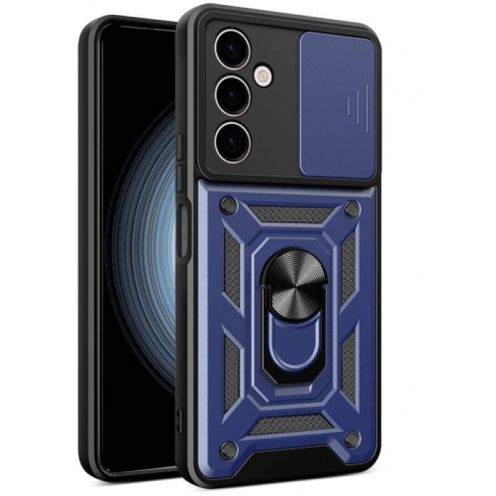 Samsung Galaxy A24 Kılıf Zırhlı Standlı Silikon Sürgülü Kamera Korumalı Tank Kapak - Mavi