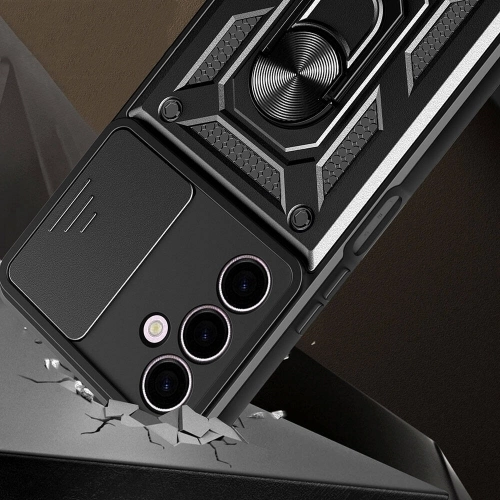 Samsung Galaxy A24 Kılıf Zırhlı Standlı Silikon Sürgülü Kamera Korumalı Tank Kapak - Siyah