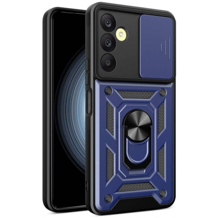 Samsung Galaxy A25 Kılıf Zırhlı Standlı Silikon Sürgülü Kamera Korumalı Tank Kapak - Mavi