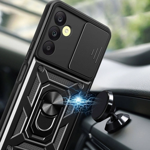 Samsung Galaxy A25 Kılıf Zırhlı Standlı Silikon Sürgülü Kamera Korumalı Tank Kapak - Siyah