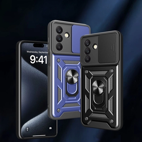 Samsung Galaxy A26 Kılıf Zırhlı Standlı Silikon Sürgülü Kamera Korumalı Tank Kapak - Mavi