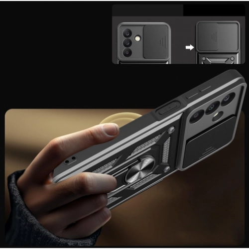 Samsung Galaxy A26 Kılıf Zırhlı Standlı Silikon Sürgülü Kamera Korumalı Tank Kapak - Mavi