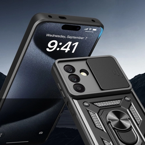 Samsung Galaxy A26 Kılıf Zırhlı Standlı Silikon Sürgülü Kamera Korumalı Tank Kapak - Siyah