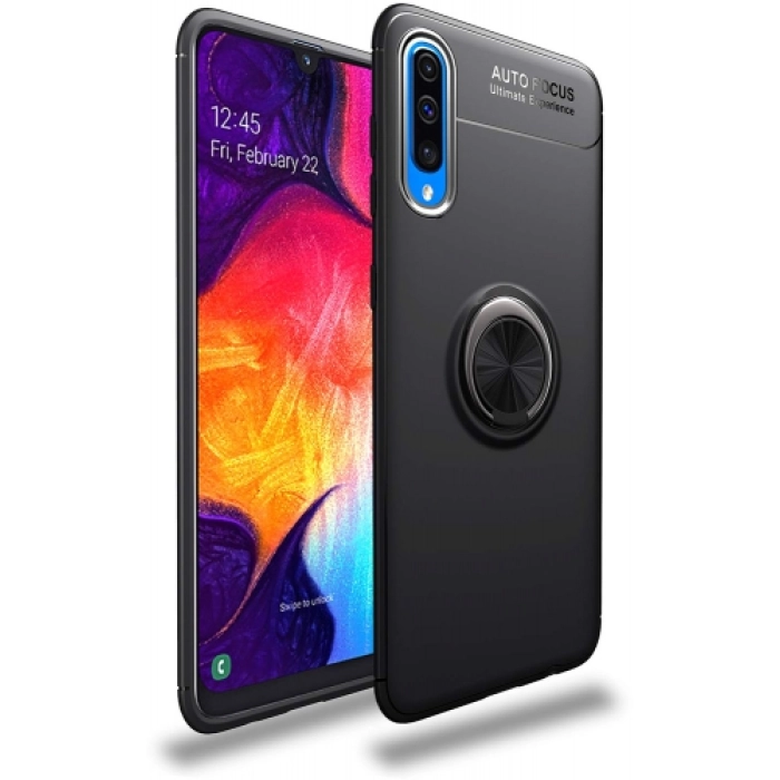 Samsung Galaxy A30s Kılıf Renkli Silikon Yüzüklü Standlı Auto Focus Ravel Kapak - Siyah