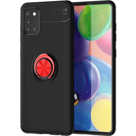 Samsung Galaxy A31 Kılıf Renkli Silikon Yüzüklü Standlı Auto Focus Ravel Kapak - Kırmızı - Siyah
