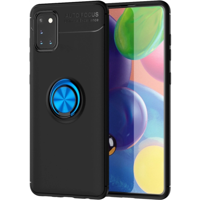 Samsung Galaxy A31 Kılıf Renkli Silikon Yüzüklü Standlı Auto Focus Ravel Kapak - Mavi - Siyah