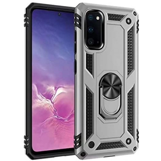 Samsung Galaxy A31 Kılıf Silikon Zırhlı Standlı Yüzüklü Mıknatıslı Tank Kapak - Gümüş