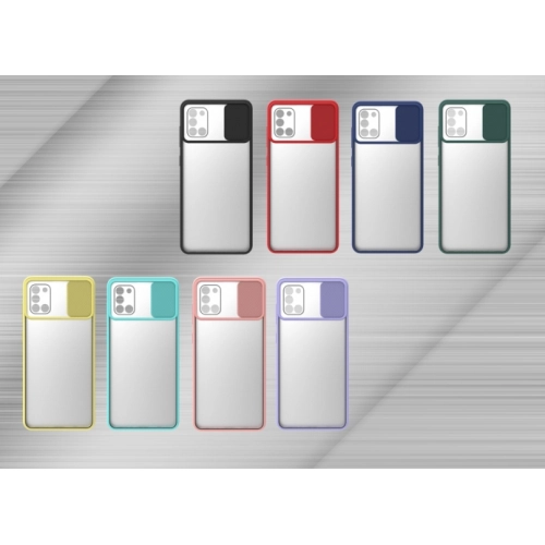 Samsung Galaxy A31 Kılıf Silikon Sürgülü Lens Korumalı Buzlu Şeffaf - Lacivert