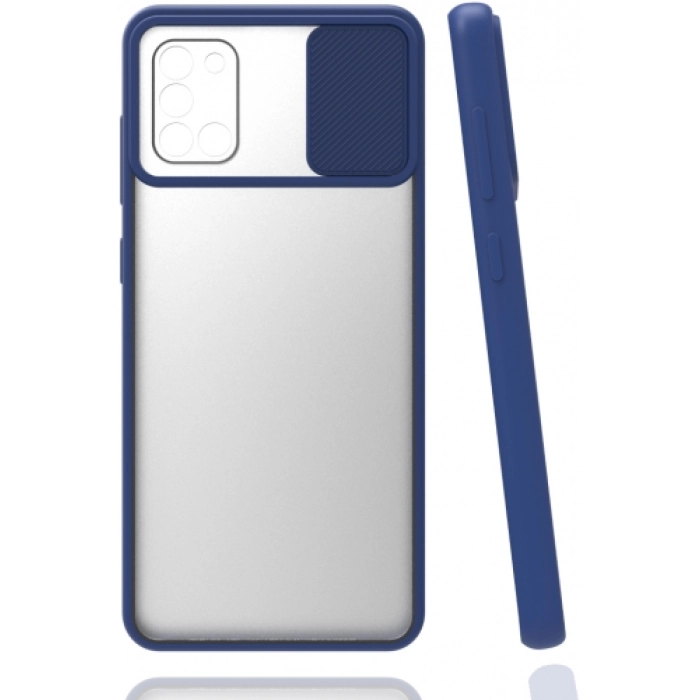Samsung Galaxy A31 Kılıf Silikon Sürgülü Lens Korumalı Buzlu Şeffaf - Lacivert