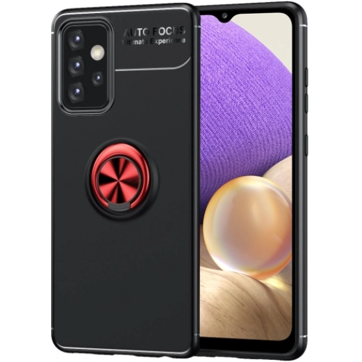 Samsung Galaxy A32 4G Kılıf Renkli Silikon Yüzüklü Standlı Auto Focus Ravel Kapak - Kırmızı - Siyah