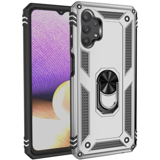 Samsung Galaxy A32 4G Kılıf Silikon Zırhlı Standlı Yüzüklü Mıknatıslı Tank Kapak - Gümüş