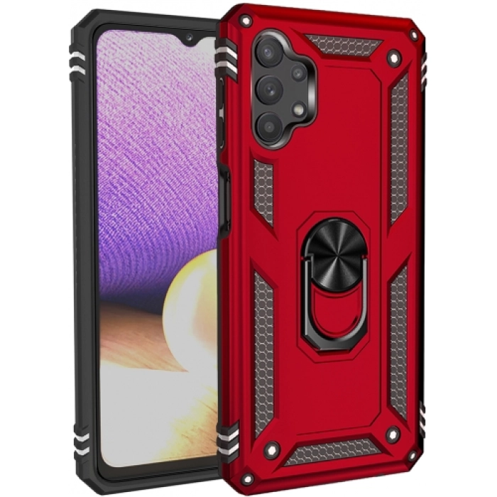 Samsung Galaxy A32 4G Kılıf Silikon Zırhlı Standlı Yüzüklü Mıknatıslı Tank Kapak - Kırmızı