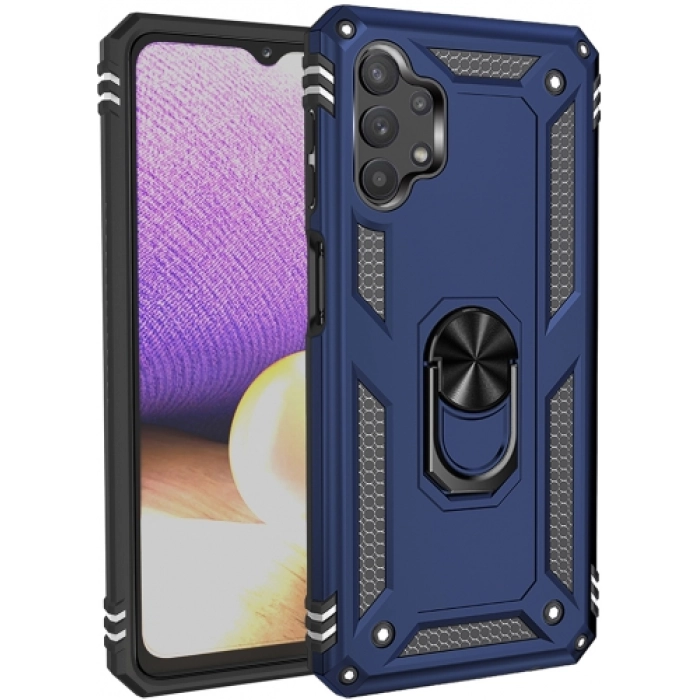 Samsung Galaxy A32 4G Kılıf Silikon Zırhlı Standlı Yüzüklü Mıknatıslı Tank Kapak - Lacivert