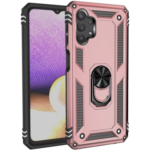 Samsung Galaxy A32 4G Kılıf Silikon Zırhlı Standlı Yüzüklü Mıknatıslı Tank Kapak - Rose Gold