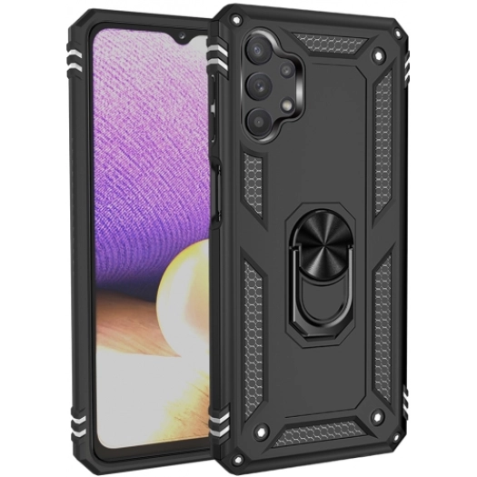 Samsung Galaxy A32 4G Kılıf Silikon Zırhlı Standlı Yüzüklü Mıknatıslı Tank Kapak - Siyah