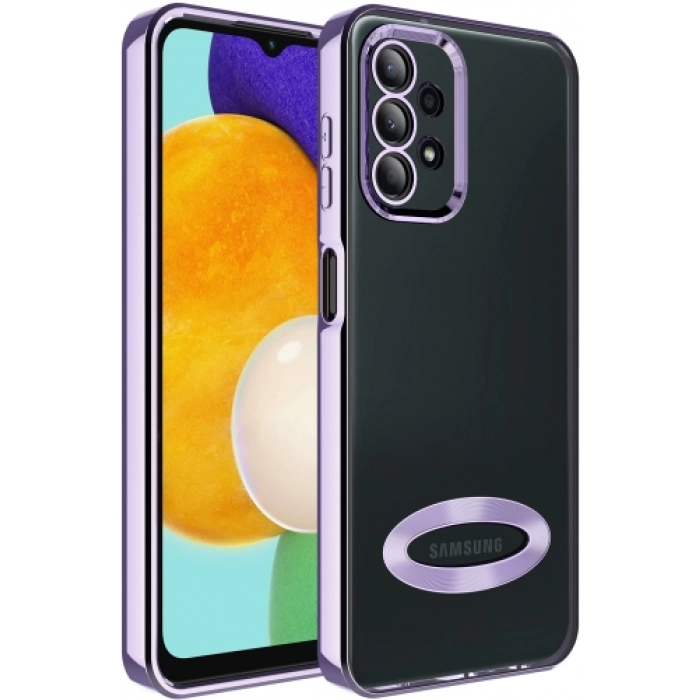 Samsung Galaxy A33 5G Kılıf Kamera Lens Korumalı Şeffaf Renkli Logo Gösteren Parlak Kapak - Lila