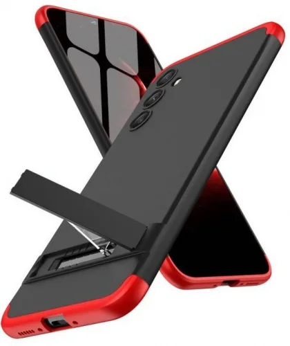 Samsung Galaxy A34 Kılıf 3 Parçalı Standlı 360 Tam Korumalı Rubber AYS Kapak  - Kırmızı - Siyah