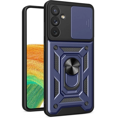 Samsung Galaxy A34 Kılıf Zırhlı Standlı Silikon Sürgülü Kamera Korumalı Tank Kapak - Mavi