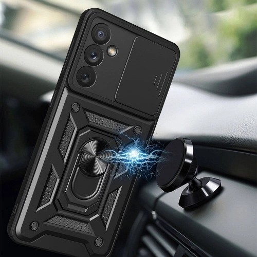 Samsung Galaxy A34 Kılıf Zırhlı Standlı Silikon Sürgülü Kamera Korumalı Tank Kapak - Siyah