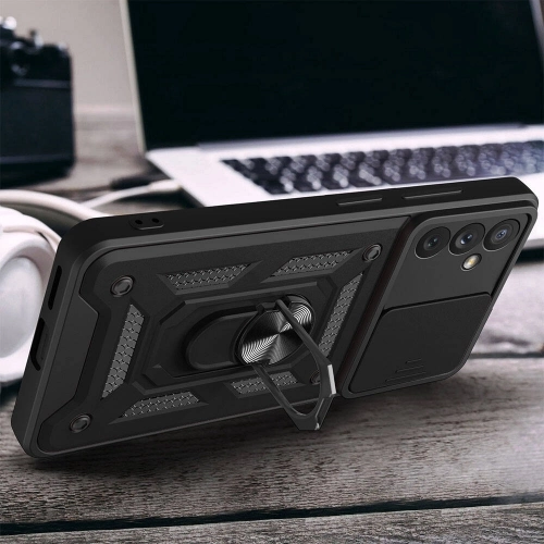 Samsung Galaxy A34 Kılıf Zırhlı Standlı Silikon Sürgülü Kamera Korumalı Tank Kapak - Siyah