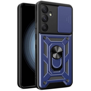 Samsung Galaxy A35 Kılıf Zırhlı Standlı Silikon Sürgülü Kamera Korumalı Tank Kapak - Mavi
