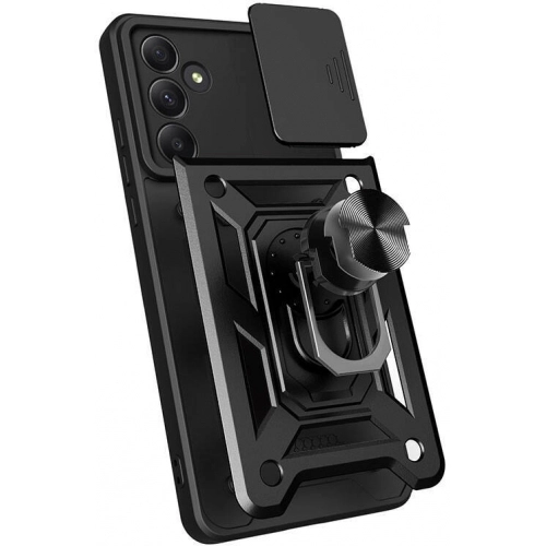 Samsung Galaxy A35 Kılıf Zırhlı Standlı Silikon Sürgülü Kamera Korumalı Tank Kapak - Mavi