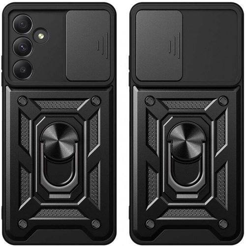 Samsung Galaxy A35 Kılıf Zırhlı Standlı Silikon Sürgülü Kamera Korumalı Tank Kapak - Mavi