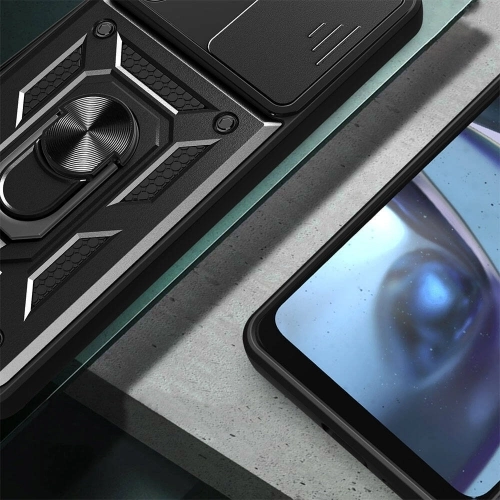 Samsung Galaxy A35 Kılıf Zırhlı Standlı Silikon Sürgülü Kamera Korumalı Tank Kapak - Siyah