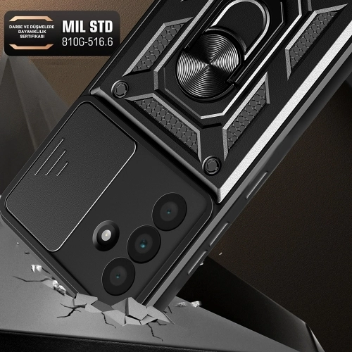 Samsung Galaxy A36 Kılıf Zırhlı Standlı Silikon Sürgülü Kamera Korumalı Tank Kapak - Mavi