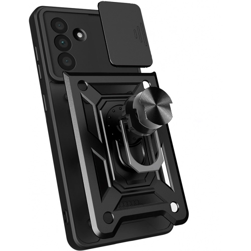 Samsung Galaxy A36 Kılıf Zırhlı Standlı Silikon Sürgülü Kamera Korumalı Tank Kapak - Siyah
