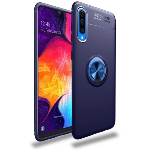 Samsung Galaxy A50 Kılıf Renkli Silikon Yüzüklü Standlı Auto Focus Ravel Kapak - Mavi