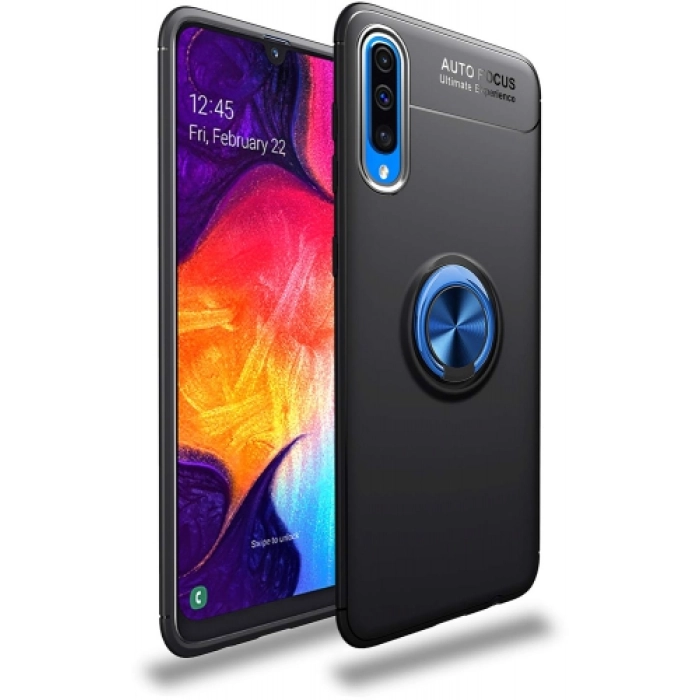 Samsung Galaxy A50 Kılıf Renkli Silikon Yüzüklü Standlı Auto Focus Ravel Kapak - Mavi - Siyah