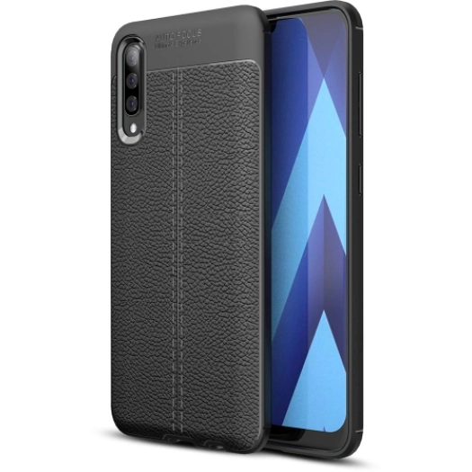 Samsung Galaxy A50 Kılıf Deri Görünümlü Lüks Parmak İzi Bırakmaz Niss Silikon Kapak - Siyah