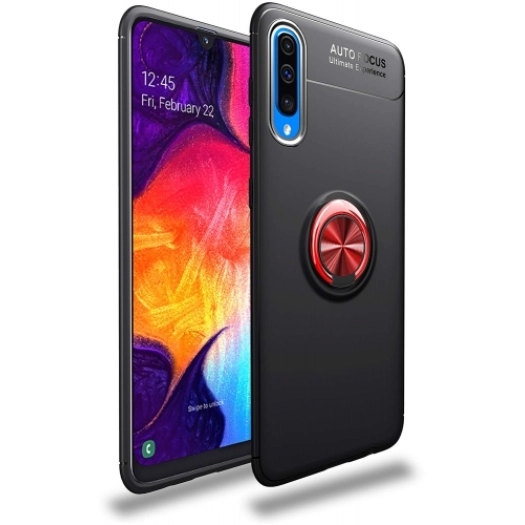 Samsung Galaxy A50s Kılıf Renkli Silikon Yüzüklü Standlı Auto Focus Ravel Kapak - Kırmızı - Siyah