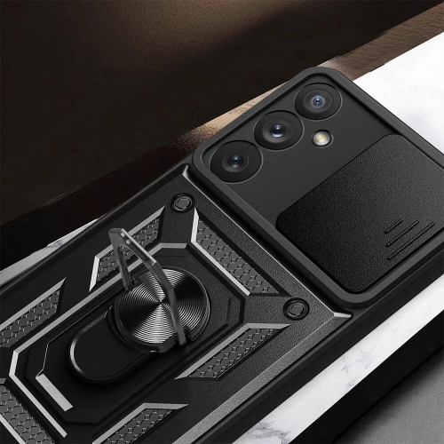 Samsung Galaxy A54 Kılıf Zırhlı Standlı Silikon Sürgülü Kamera Korumalı Tank Kapak - Siyah