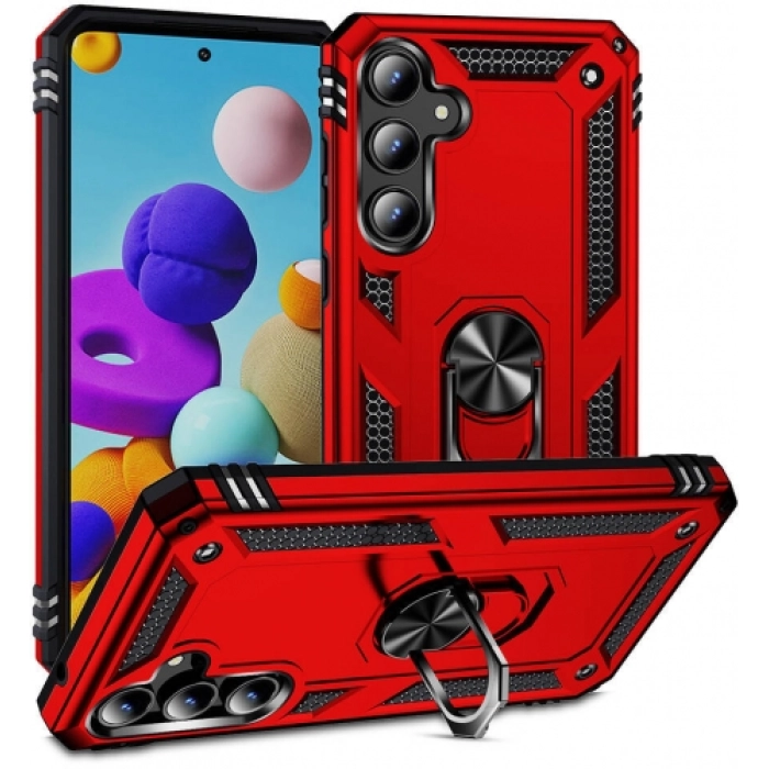 Samsung Galaxy A55 Kılıf Silikon Zırhlı Standlı Yüzüklü Mıknatıslı Tank Kapak - Kırmızı