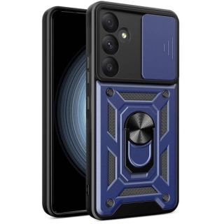 Samsung Galaxy A55 Kılıf Zırhlı Standlı Silikon Sürgülü Kamera Korumalı Tank Kapak - Mavi