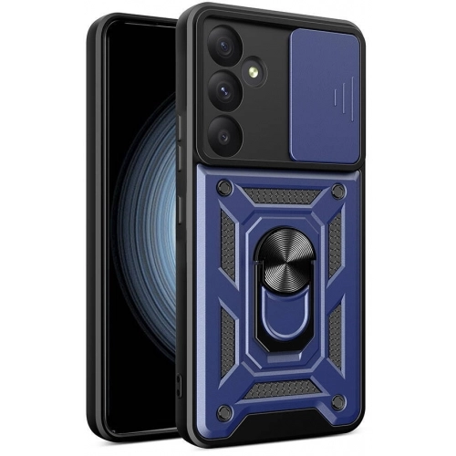 Samsung Galaxy A55 Kılıf Zırhlı Standlı Silikon Sürgülü Kamera Korumalı Tank Kapak - Mavi