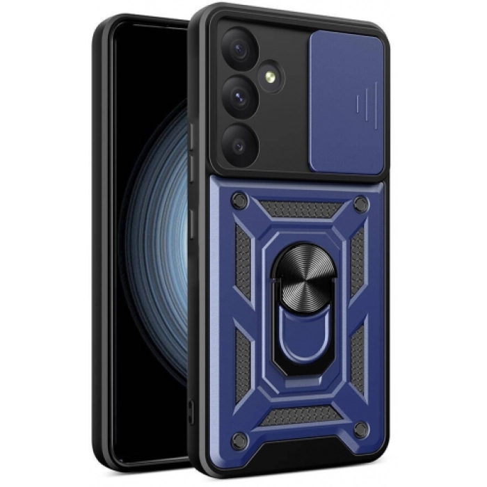 Samsung Galaxy A55 Kılıf Zırhlı Standlı Silikon Sürgülü Kamera Korumalı Tank Kapak - Mavi
