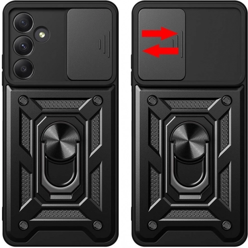 Samsung Galaxy A55 Kılıf Zırhlı Standlı Silikon Sürgülü Kamera Korumalı Tank Kapak - Mavi