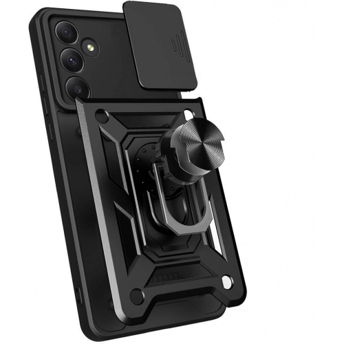 Samsung Galaxy A55 Kılıf Zırhlı Standlı Silikon Sürgülü Kamera Korumalı Tank Kapak - Siyah