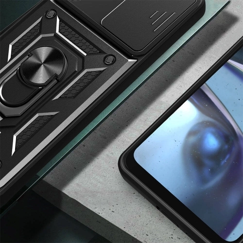 Samsung Galaxy A55 Kılıf Zırhlı Standlı Silikon Sürgülü Kamera Korumalı Tank Kapak - Siyah