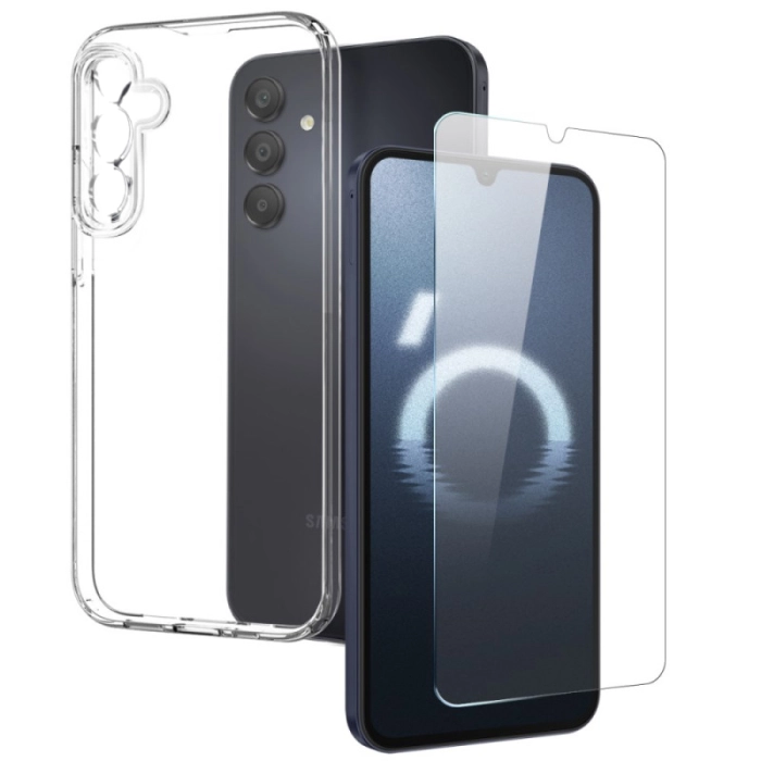 Samsung Galaxy A56 Kılıf Silikon Şeffaf Esnek Kapak ve Maxi Ekran Koruyucu Kırılmaz Cam Set - Şeffaf