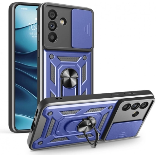 Samsung Galaxy A56 Kılıf Zırhlı Standlı Silikon Sürgülü Kamera Korumalı Tank Kapak - Mavi