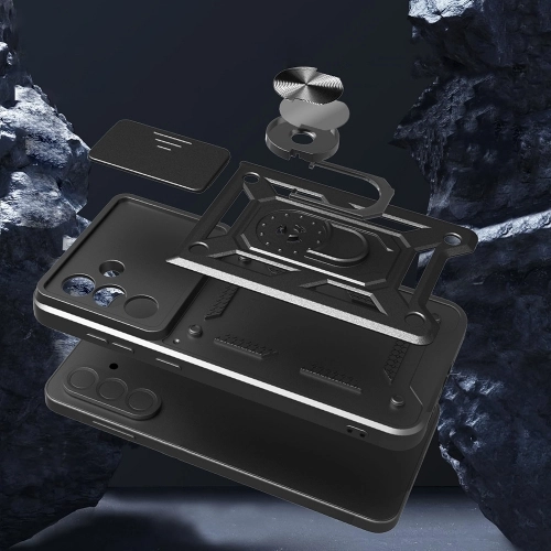 Samsung Galaxy A56 Kılıf Zırhlı Standlı Silikon Sürgülü Kamera Korumalı Tank Kapak - Mavi