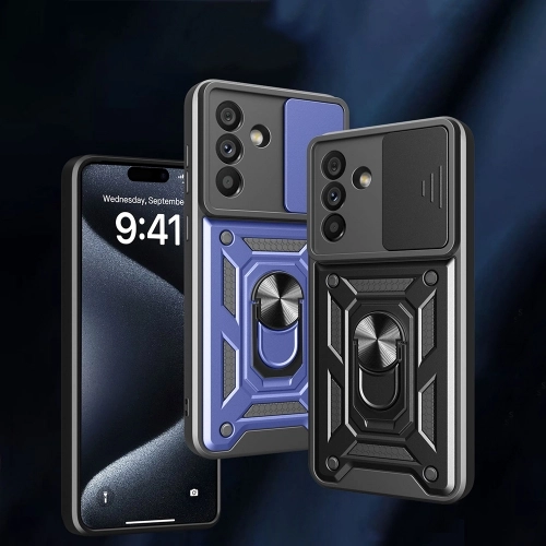 Samsung Galaxy A56 Kılıf Zırhlı Standlı Silikon Sürgülü Kamera Korumalı Tank Kapak - Mavi