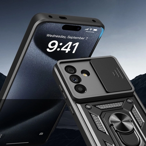 Samsung Galaxy A56 Kılıf Zırhlı Standlı Silikon Sürgülü Kamera Korumalı Tank Kapak - Mavi