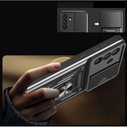 Samsung Galaxy A56 Kılıf Zırhlı Standlı Silikon Sürgülü Kamera Korumalı Tank Kapak - Mavi